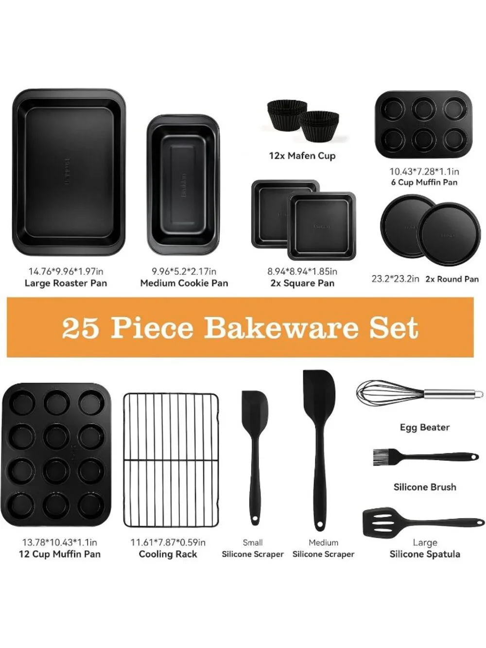 25-Picec Black Nonstick Baking Pans Set, High-Carbon Steel for Kitchen Bakeware